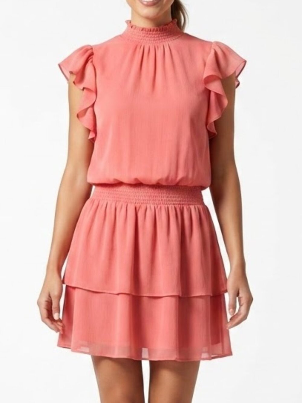 Express Coquette Smocked Mock Neck Tiered Ruffle Mini Dress Coral Pink M